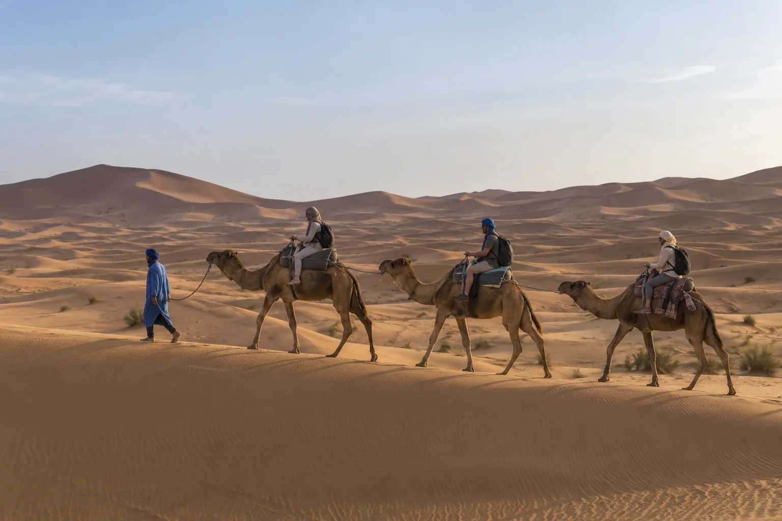 Camel caravan crossing sand dunes