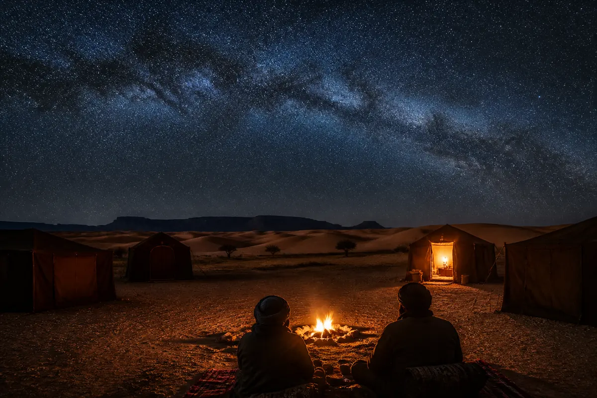 The Erg Chegaga bivouac at night with lanterns glowing under a starry sky