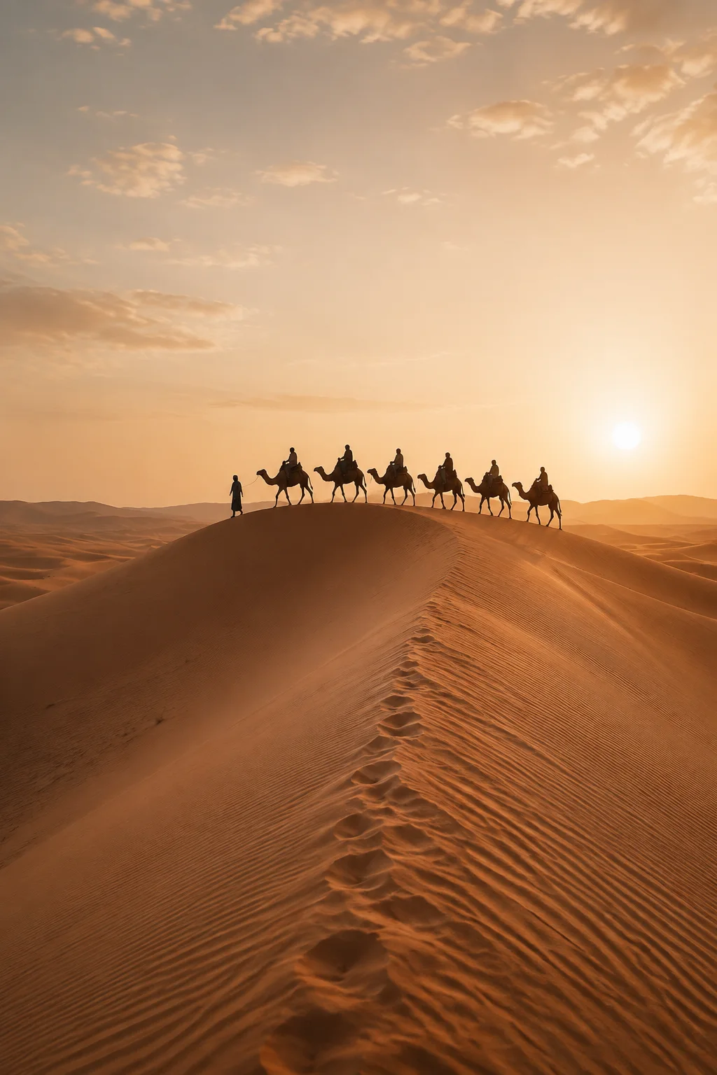 Caravane de dromadaires sur la crête d’une dune dorée du Sahara marocain