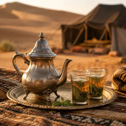 Thé à la menthe et théière en argent dans un campement du désert